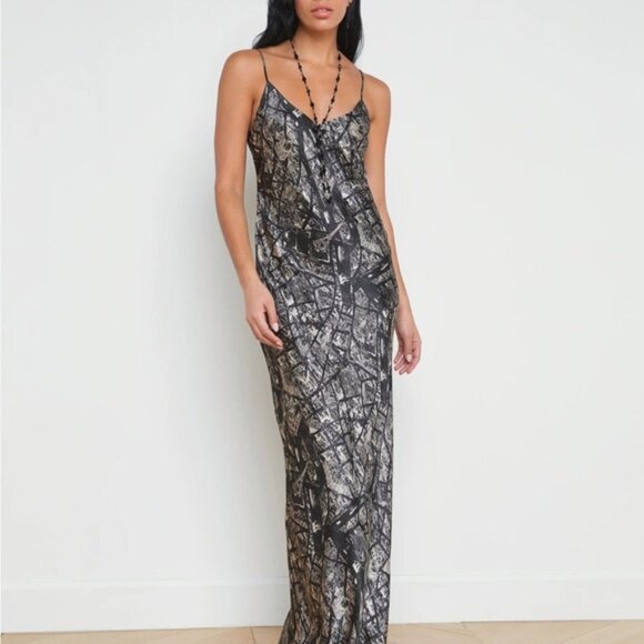 L’Agence SERITA SILK SLIP DRESS - BLACK/ECRU MAP OF PARIS Sz 2 $625msrp - Picture 1 of 8